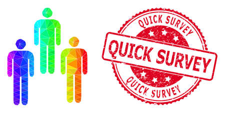 Red round rubber QUICK SURVEY stamp seal and lowpoly people icon with spectral vibrant gradient.のイラスト素材