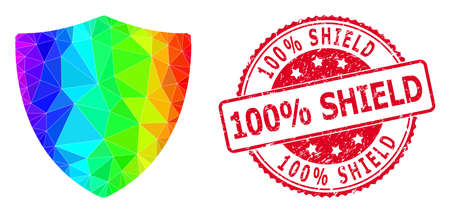 Red round textured 100% SHIELD stamp and low-poly protection shield icon with rainbow colored gradient. Triangulated rainbow vibrant protection shield polygonal symbol illustration.のイラスト素材
