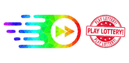 Red round scratched PLAY LOTTERY! stamp and low-poly play forward icon with spectrum vibrant gradient.のイラスト素材