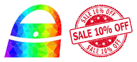 Red round rubber SALE 10% OFF stamp seal and lowpoly shopping bag icon with spectrum colorful gradient.のイラスト素材