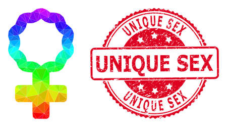 Red round unclean UNIQUE SEX seal and low-poly female cell symbol icon with spectrum colored gradient. Triangulated spectrum colored female cell symbol polygonal icon illustration.のイラスト素材