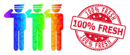 Red round scratched 100% FRESH seal and lowpoly soldiers icon with rainbow colorful gradient.のイラスト素材