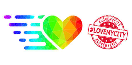 Red round scratched #LOVEMYCITY seal and low-poly love heart icon with rainbow vibrant gradient. Triangulated rainbow vibrant love heart polygonal icon illustration.のイラスト素材