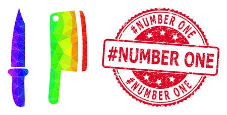 Red round unclean #NUMBER ONE stamp and lowpoly butchery knives icon with spectral vibrant gradient.のイラスト素材