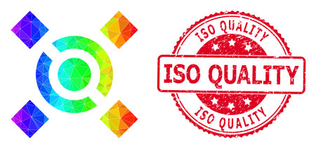 Red round textured ISO QUALITY stamp seal and lowpoly central link icon with spectral colored gradient. Triangulated rainbow colorful central link polygonal icon illustration.のイラスト素材