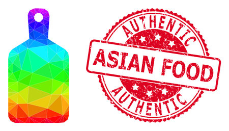 Red round textured AUTHENTIC ASIAN FOOD stamp seal and lowpoly cutting board icon with spectral colored gradient. Triangulated spectrum colored cutting board polygonal symbol illustration.のイラスト素材