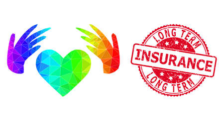 Red round scratched LONG TERM INSURANCE stamp seal and lowpoly handmade love icon with spectral colorful gradient.のイラスト素材