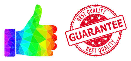 Red round dirty BEST QUALITY GUARANTEE stamp seal and low-poly thumb up icon with spectrum colored gradient. Triangulated spectral colored thumb up polygonal symbol illustration.のイラスト素材