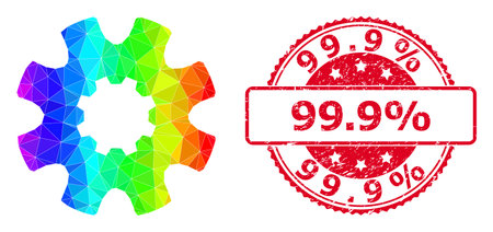 Red round rubber 99.9% stamp seal and low-poly cog gear icon with rainbow colorful gradient. Triangulated spectrum colorful cog gear polygonal 2d illustration with 99.9% rubber round red seal print.のイラスト素材