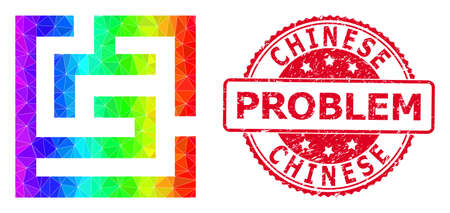 Red round rubber CHINESE PROBLEM stamp seal and low-poly labyrinth icon with spectrum colored gradient. Triangulated spectrum colorful labyrinth polygonal 2d illustration.のイラスト素材