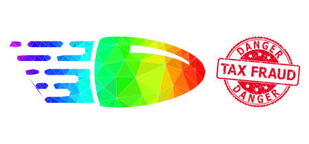 Red round grunge DANGER TAX FRAUD stamp seal and low-poly flying bullet icon with spectral vibrant gradient. Triangulated spectral vibrant flying bullet polygonal icon illustration.のイラスト素材