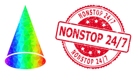 Red round unclean NONSTOP 24/7 stamp and lowpoly cone figure icon with spectral vibrant gradient.のイラスト素材