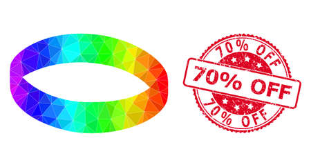 Red round textured 70% OFF stamp seal and lowpoly gold ring icon with spectral vibrant gradient.