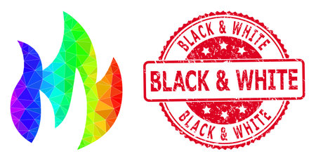 Red round grunge BLACK & WHITE stamp seal and lowpoly fire icon with rainbow colorful gradient.のイラスト素材