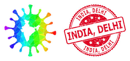 Red round unclean INDIA, DELHI stamp and low-poly Indian Covid virus icon with spectral colored gradient. Triangulated spectral colored Indian Covid virus polygonal icon illustration with India,のイラスト素材