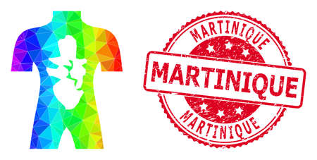 Red round scratched MARTINIQUE stamp and low-poly human anatomy icon with spectral colored gradient. Triangulated spectral colored human anatomy polygonal icon illustration.のイラスト素材
