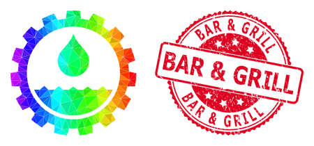 Red round dirty BAR & GRILL stamp seal and low-poly water service icon with spectral vibrant gradient.のイラスト素材