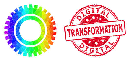 Red round rubber DIGITAL TRANSFORMATION badge and lowpoly clock gear icon with rainbow colored gradient. Triangulated rainbow colorful clock gear polygonal icon illustration.のイラスト素材