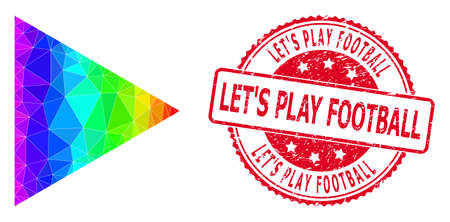 Red round unclean LETS PLAY FOOTBALL stamp and low-poly play function icon with rainbow colored gradient.のイラスト素材