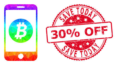 Red round grunge SAVE TODAY 30% OFF seal and low-poly mobile bitcoin bank icon with spectrum vibrant gradient.のイラスト素材