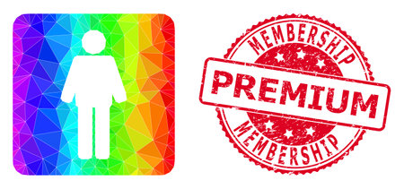 Red round grunge MEMBERSHIP PREMIUM stamp and lowpoly man icon with spectrum colorful gradient. Triangulated spectrum colored man polygonal icon illustration.のイラスト素材
