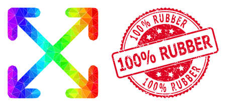 Red round unclean 100% RUBBER stamp seal and lowpoly enlarge arrows icon with spectrum vibrant gradient.のイラスト素材