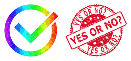 Red round scratched YES OR NO? badge and lowpoly accept tick icon with rainbow colored gradient.のイラスト素材