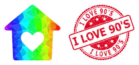 Red round grunge I LOVE 90S seal and low-poly lovely house icon with spectrum colorful gradient.のイラスト素材