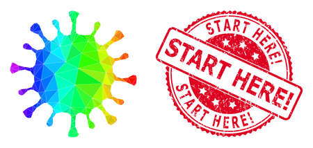 Red round textured START HERE! stamp and low-poly coronavirus icon with spectral vibrant gradient.のイラスト素材