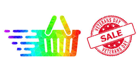 Red round rubber VETERANS DAY SALE stamp seal and low-poly shopping basket icon with rainbow colored gradient. Triangulated rainbow colored shopping basket polygonal symbol illustration.のイラスト素材