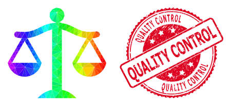 Red round dirty QUALITY CONTROL stamp seal and lowpoly JUDGE icon with spectral colorful gradient.のイラスト素材