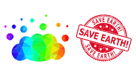 Red round grunge SAVE EARTH! badge and lowpoly cloud emission icon with spectral colorful gradient.のイラスト素材