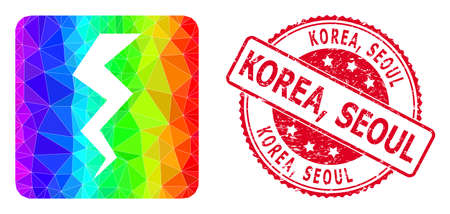 Red round corroded KOREA, SEOUL stamp seal and low-poly thunder crack icon with rainbow colored gradient. Triangulated rainbow colorful thunder crack polygonal icon illustration with Korea,のイラスト素材