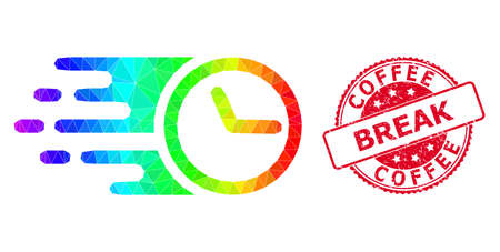 Red round scratched COFFEE BREAK badge and low-poly clock icon with rainbow colored gradient. Triangulated spectral colored clock polygonal icon illustration.のイラスト素材