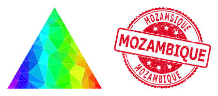 Red round rubber MOZAMBIQUE seal and low-poly filled triangle icon with spectrum colorful gradient. Triangulated spectral colored filled triangle polygonal icon illustration.のイラスト素材