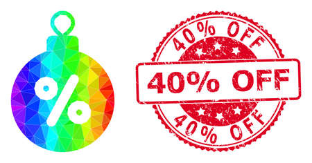 Red round dirty 40% OFF seal and low-poly christmas discount ball icon with rainbow colorful gradient. Triangulated rainbow colorful christmas discount ball polygonal icon illustration.のイラスト素材