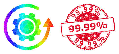 Red round scratched 99.99% seal and lowpoly gear rotation icon with spectrum vibrant gradient. Triangulated spectrum vibrant gear rotation polygonal icon illustration with 99.のイラスト素材