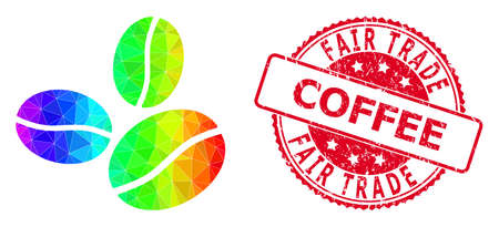 Red round dirty FAIR TRADE COFFEE badge and lowpoly coffee beans icon with spectrum colorful gradient. Triangulated spectral vibrant coffee beans polygonal icon illustration.のイラスト素材