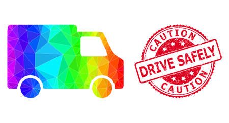 Red round textured CAUTION DRIVE SAFELY stamp seal and low-poly van car icon with spectral colorful gradient.のイラスト素材