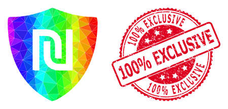 Red round textured 100% EXCLUSIVE stamp seal and lowpoly shekel guard icon with spectral colored gradient.のイラスト素材