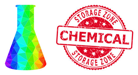 Red round textured STORAGE ZONE CHEMICAL seal and lowpoly chemical retort icon with spectrum vibrant gradient.のイラスト素材
