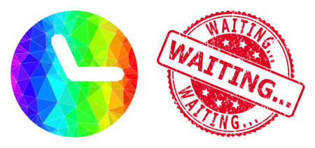 Red round textured WAITING... seal and low-poly clock icon with spectrum vibrant gradient. Triangulated spectrum colored clock polygonal icon illustration with Waiting...のイラスト素材