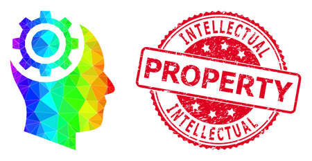 Red round unclean INTELLECTUAL PROPERTY seal and lowpoly human intellect gear icon with spectral colorful gradient.のイラスト素材