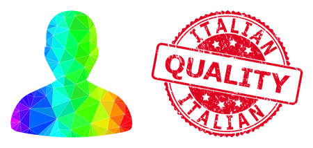 Red round grunge ITALIAN QUALITY stamp and lowpoly user icon with spectral vibrant gradient. Triangulated spectral colored user polygonal icon illustration.のイラスト素材