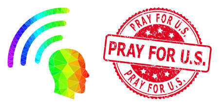 Red round dirty PRAY FOR U.S. stamp seal and lowpoly telepathy waves icon with rainbow colorful gradient. Triangulated rainbow colorful telepathy waves polygonal icon illustration with Pray for U.S.のイラスト素材