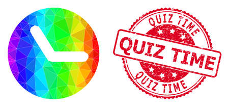 Red round scratched QUIZ TIME seal and lowpoly time icon with spectral colorful gradient. Triangulated spectrum colorful time polygonal symbol illustration.のイラスト素材