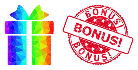Red round dirty BONUS! stamp seal and lowpoly gift icon with rainbow colorful gradient. Triangulated rainbow vibrant gift polygonal symbol illustration with Bonus! textured round red stamp seal.のイラスト素材