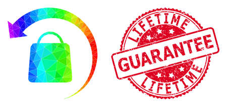 Red round scratched LIFETIME GUARANTEE seal and low-poly refund shopping icon with spectral vibrant gradient.のイラスト素材