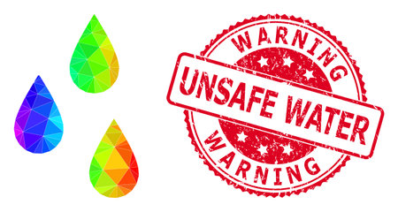 Red round grunge WARNING UNSAFE WATER seal and low-poly water drops icon with spectrum colorful gradient. Triangulated spectral vibrant water drops polygonal symbol illustration.のイラスト素材