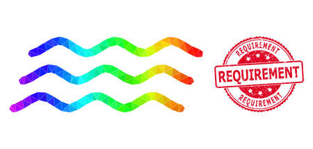 Red round rubber REQUIREMENT stamp seal and lowpoly water waves icon with spectrum colorful gradient.のイラスト素材
